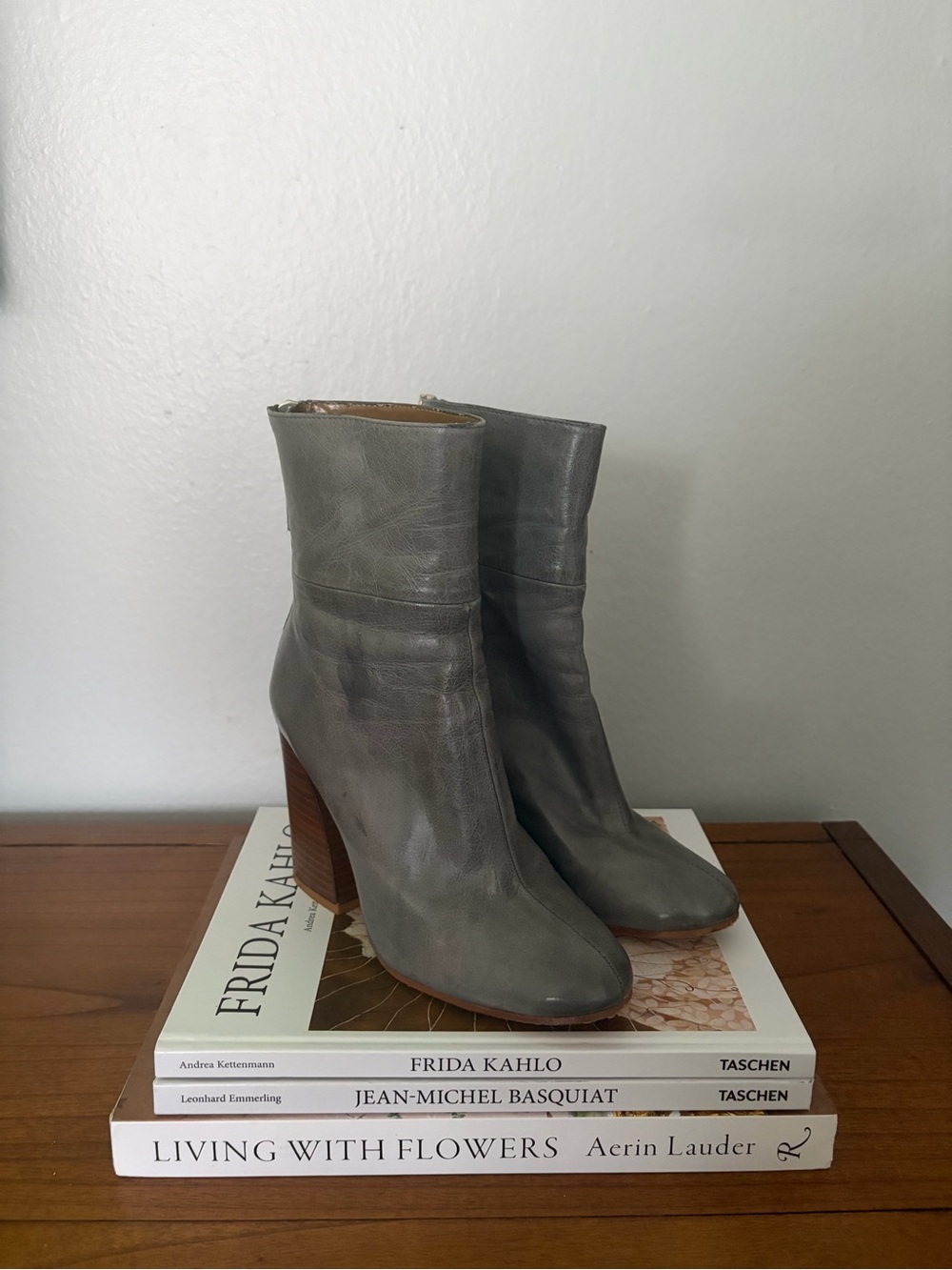 Zara Gray Leather Mid-Calf Block Heel Boots